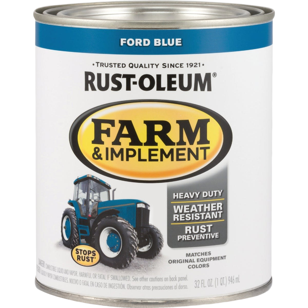 Can of Rust-Oleum gloss enamel paint in Ford Blue designed for durable farm and equipment maintenance tasks
