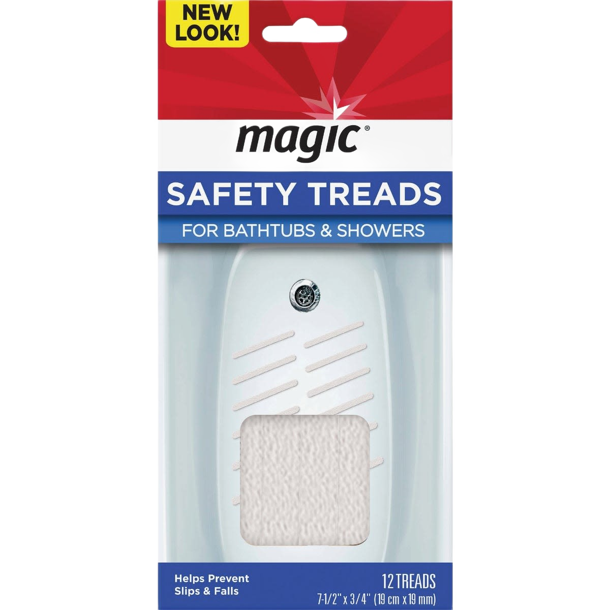 White adhesive safety treads for bathtubs and showers, designed to prevent slips and falls in bathroom spaces.