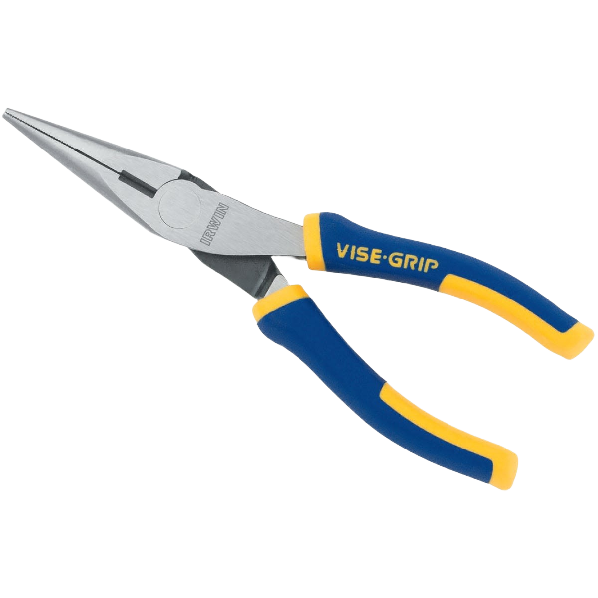 Blue and yellow handled long nose pliers with metal jaws for precision gripping in home improvement tasks