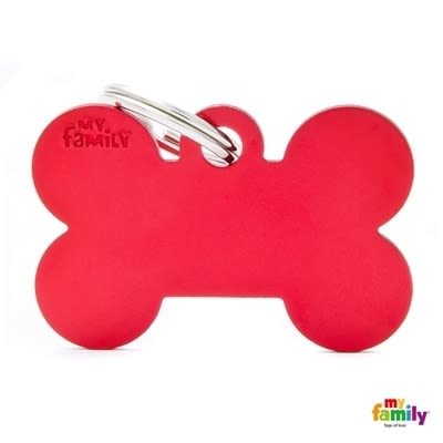 Red bone-shaped pet ID tag with metal split ring for attaching to collars, personalized for pet safety and identification