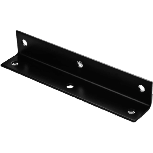 Black metal 90-degree corner brace with mounting holes for reinforcing angles in building hardware and home improvement.