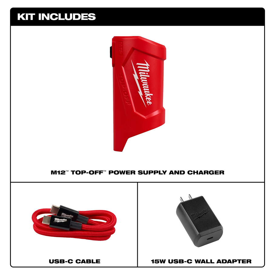 Red Milwaukee M12 portable power supply and charger with USB-C cable and black USB-C wall adapter for tool accessories collections
