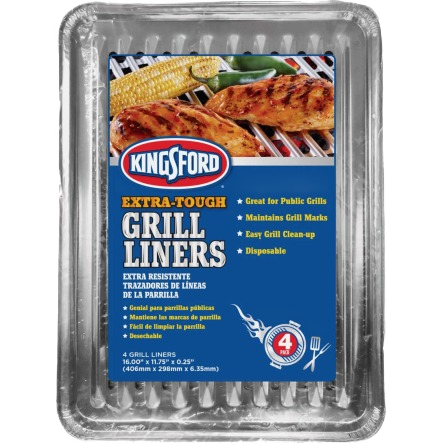 Set of four disposable aluminum grill liners for easy cleaning and maintaining grill marks in outdoor grilling accessories