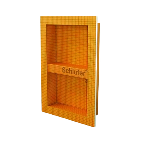 Orange prefabricated shower niche with built-in shelf for tile flooring and home improvement projects