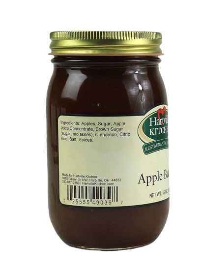 Glass jar of smooth apple butter with gold lid and ingredient label from Hartville Kitchen jams and jellies collection