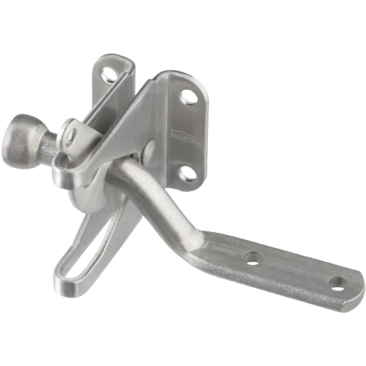Silver metal automatic gate latch with mounting holes for secure gate hardware and home improvement projects