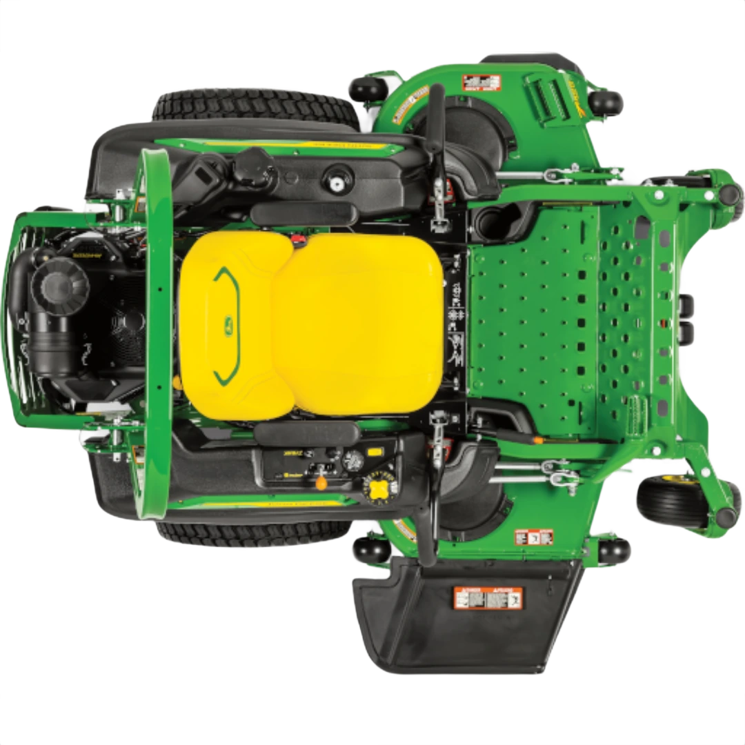 Top view of green and yellow zero-turn mower with 60-inch mulch on demand cutting deck and ergonomic seating