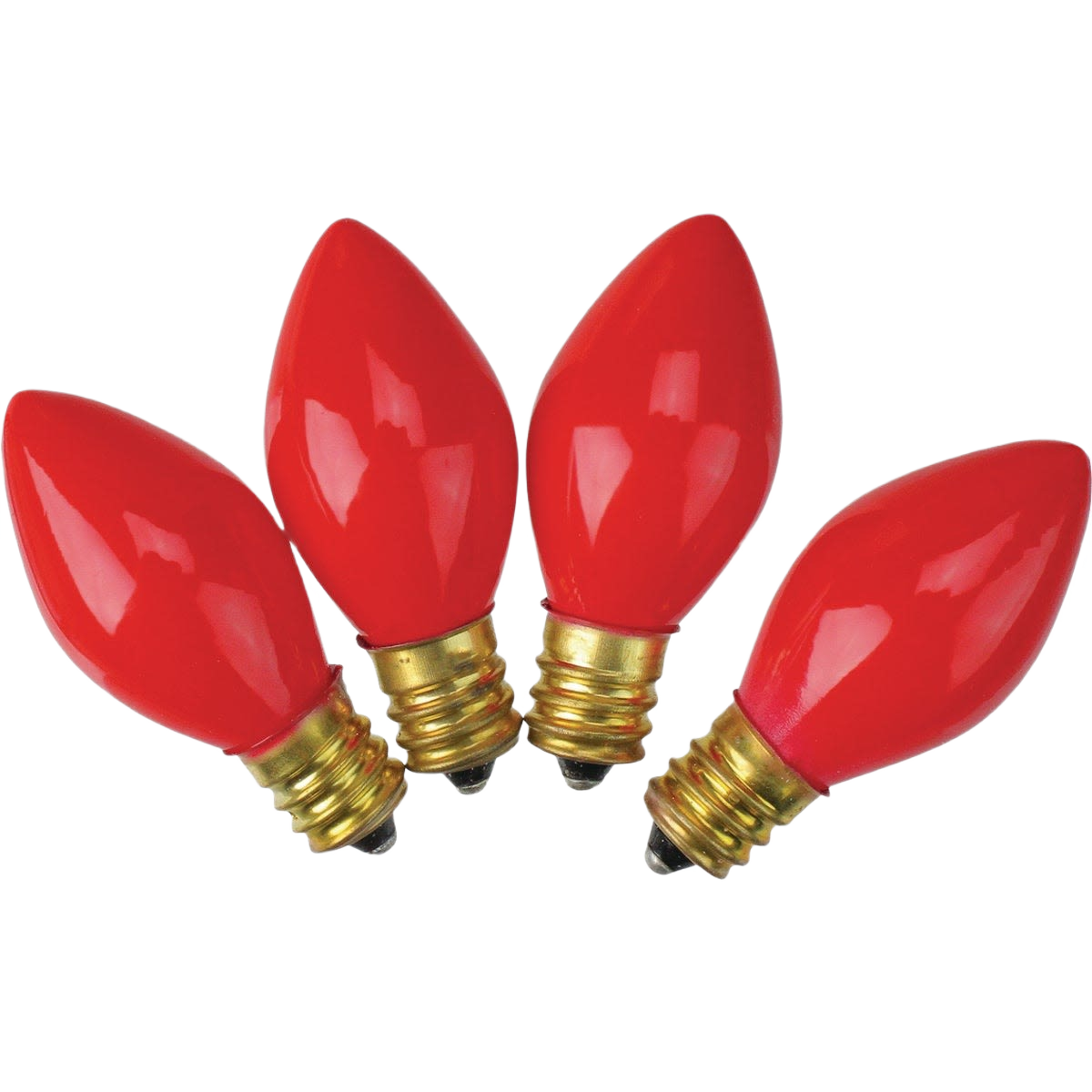 Four red replacement C7 light bulbs with brass screw bases for Christmas Lights and holiday decor collections