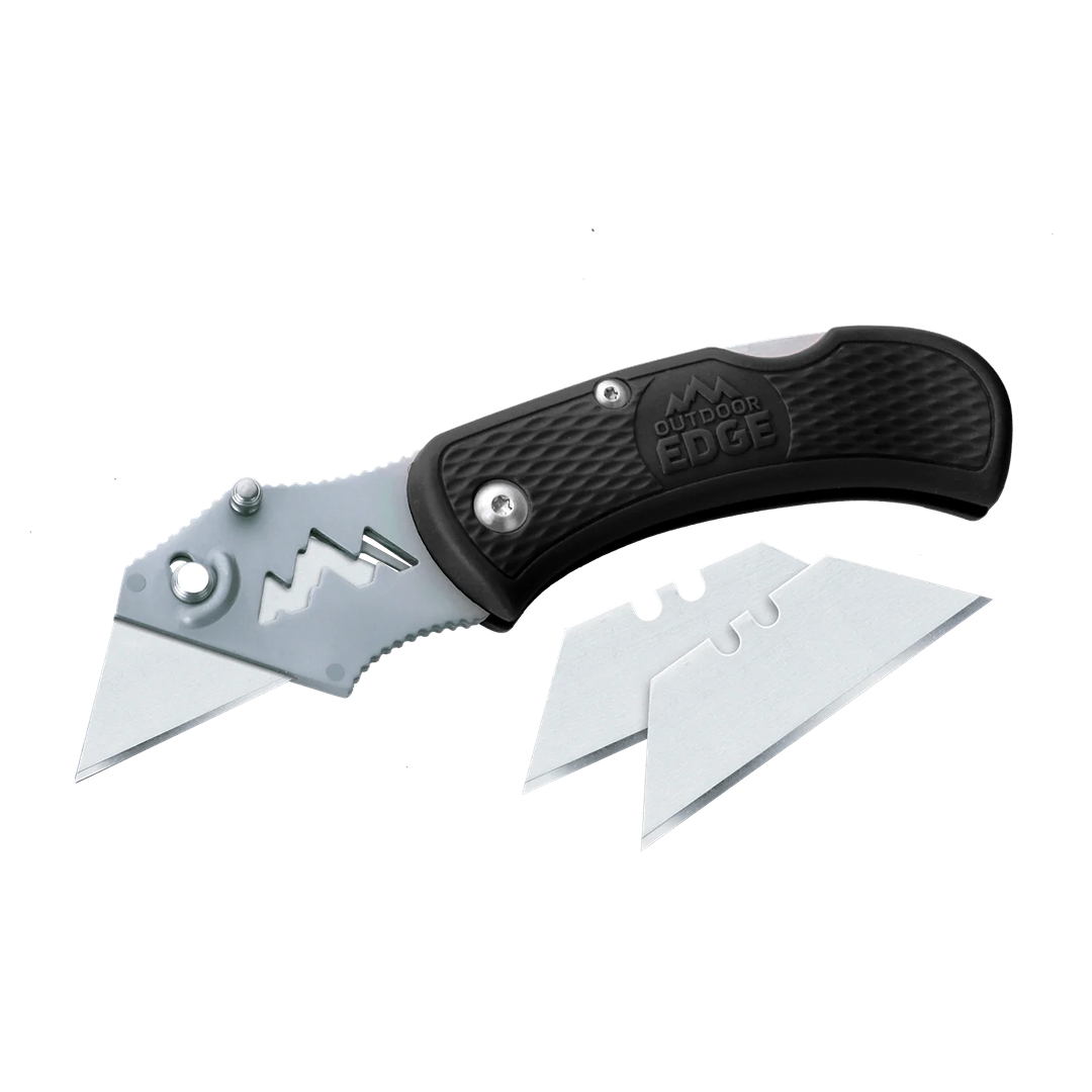 Black folding utility knife with textured handle and two replacement blades for cutting tools and hand tools collections
