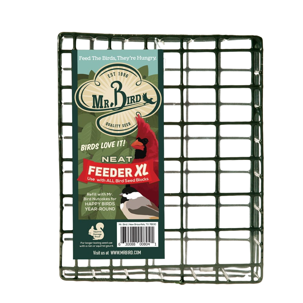 Rectangular metal bird feeder cage with grid design and attached product label featuring bird illustrations for outdoor use