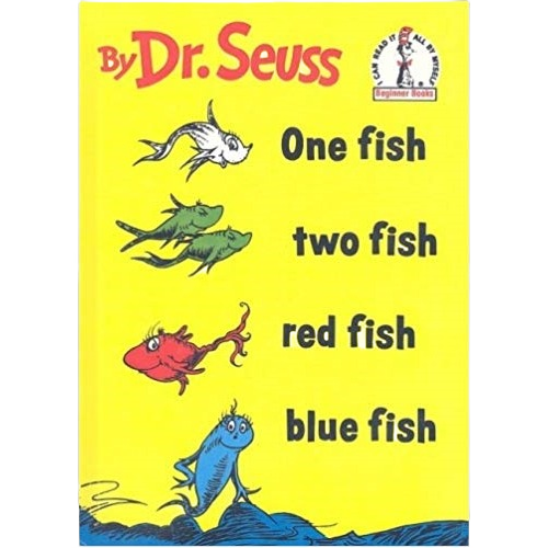 Yellow book cover of Dr. Seuss with illustrations of one fish, two fish, red fish, and blue fish characters
