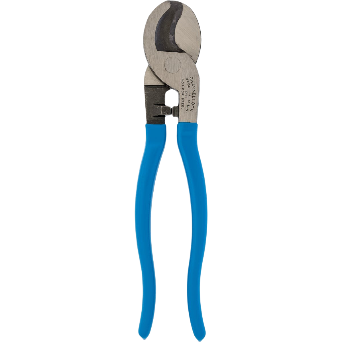 Wire cutter with blue ergonomic handles and heavy-duty steel blades for cutting large aluminum and copper cables in home improvement tasks