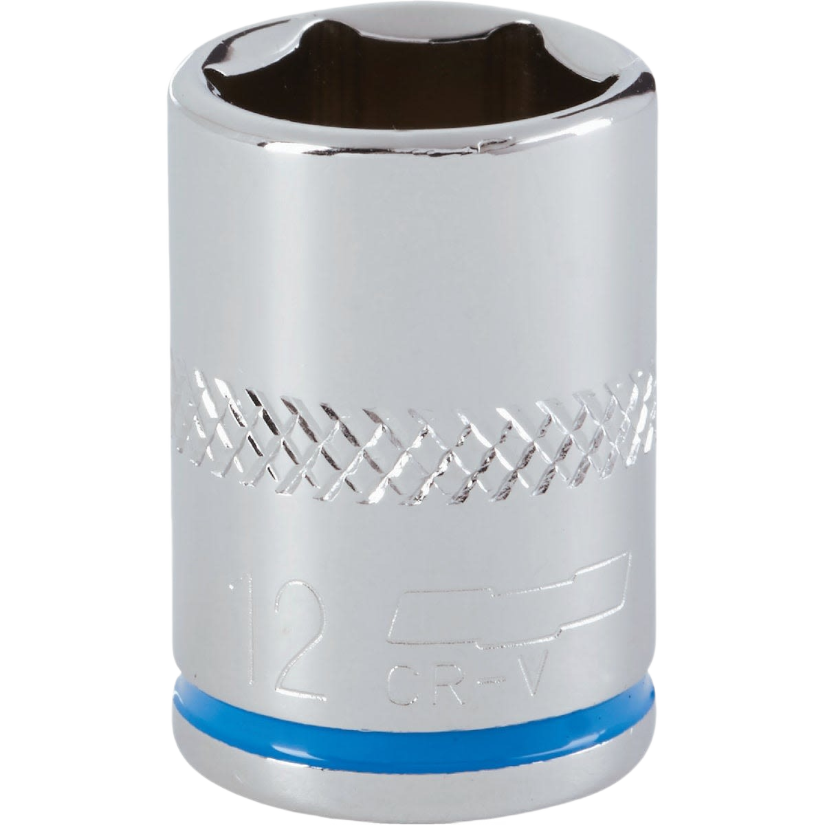 Chrome-finished 12mm 6-point shallow socket with textured grip and blue metric color band for hand and woodworking tools under $50
