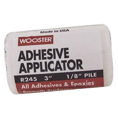 Close-up of a 3-inch adhesive applicator roller with 1/8 inch pile for smooth surfaces in home improvement tasks