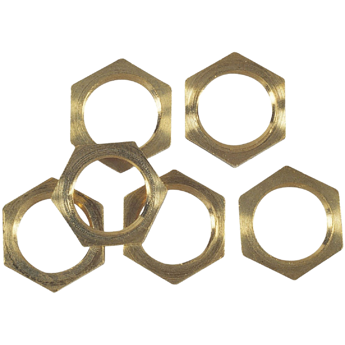 Set of six brass lock nuts with 1/8-inch pipe threads for lighting fixtures in electrical and lamp parts collections