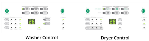 Digital control panels of stacked washer and dryer units with cycle options and LED display in Washer/Dryer Combos collection
