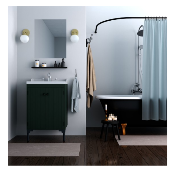Pair of modern brass wall sconces with frosted globe shades in a minimalist bathroom with black fixtures and wood flooring