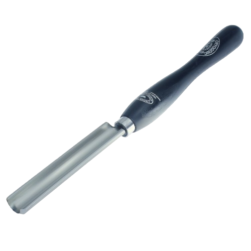 Wood carving gouge with polished steel blade and ergonomic dark handle designed for woodworking tasks