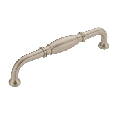 Satin nickel cabinet pull with elegant lathe-turned design for furniture hardware and home improvement needs at Hartville Hardware