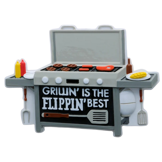Gray grill ornament with cooking tools, condiments, and "Grillin' is the Flippin' Best" text in Christmas Ornaments collection