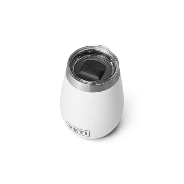 White 10 oz insulated wine tumbler with stainless steel rim and clear Magslider lid in drinkware and tableware collections