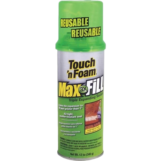 Green can of expanding foam sealant with reusable cap for sealing gaps in home improvement projects