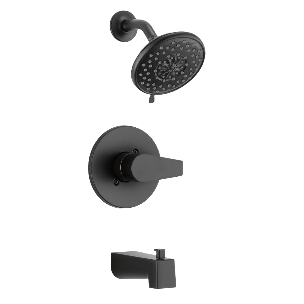 Matte black single-handle tub and shower faucet set with round showerhead and rectangular tub spout for home improvement.