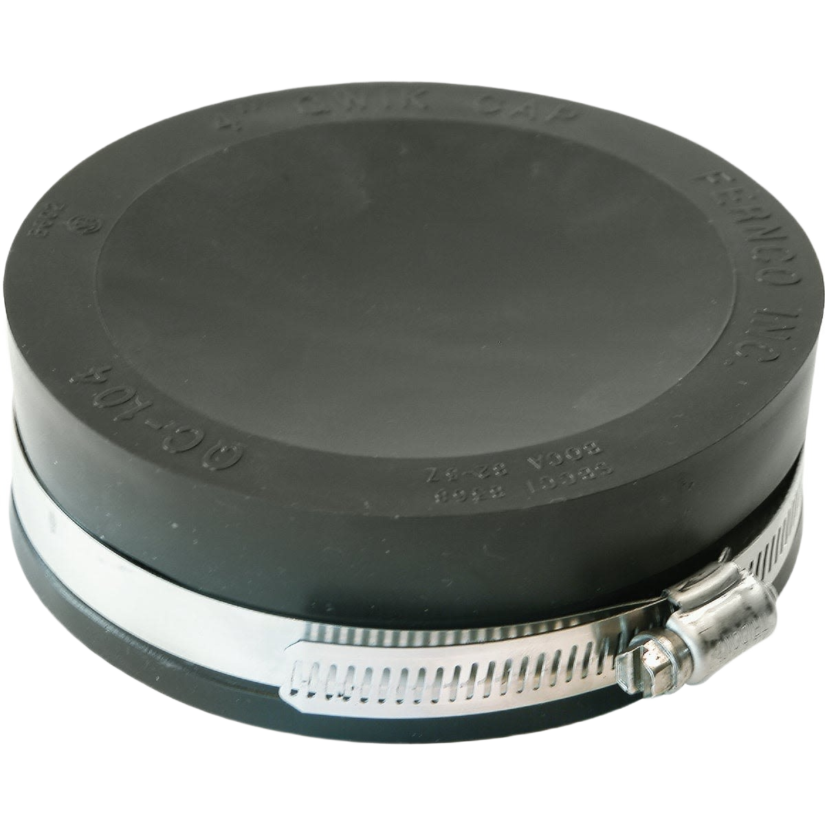 Flexible black PVC pipe cap with adjustable metal clamp for plumbing and home improvement applications