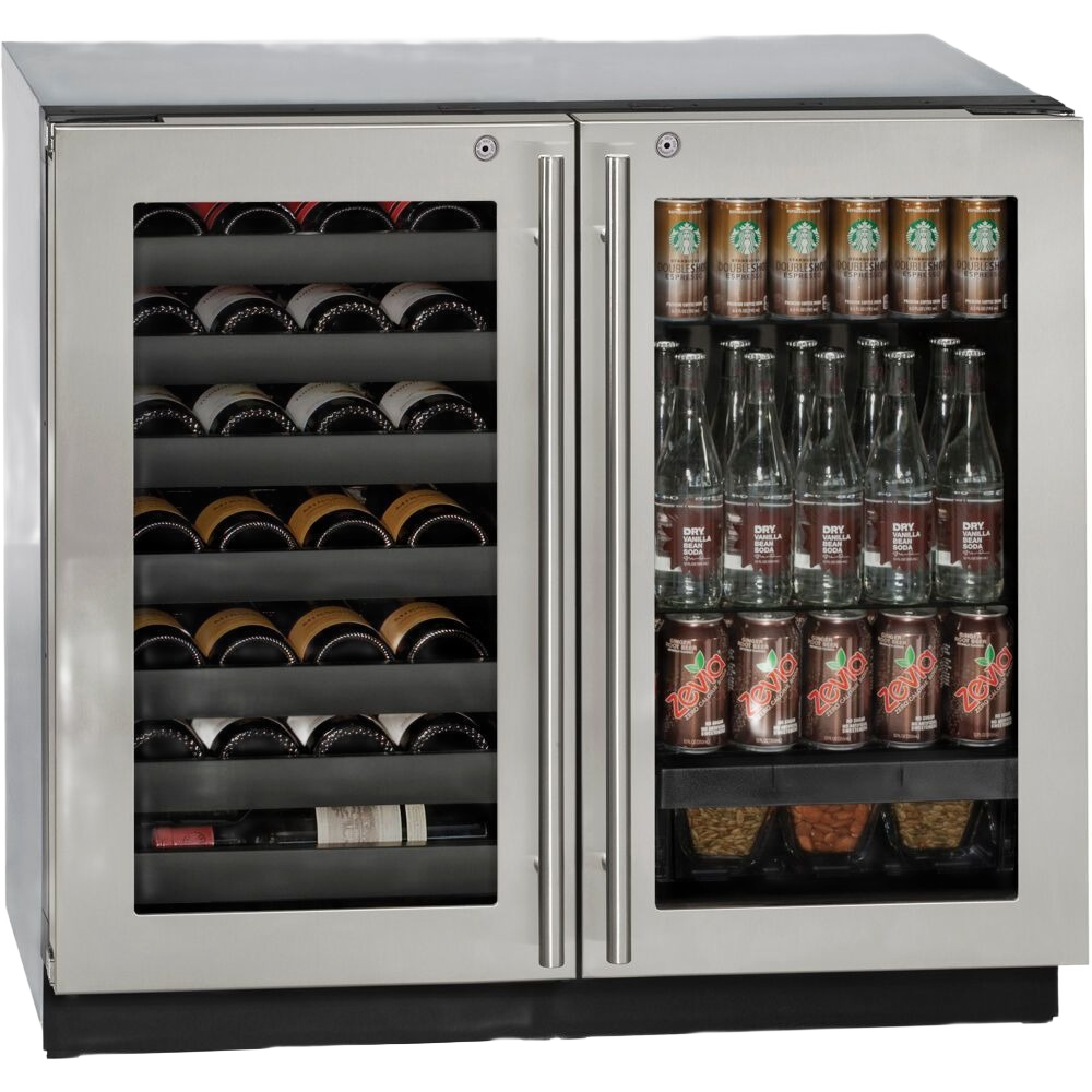 36-inch stainless steel beverage center with French doors storing wine bottles, canned drinks, and glass bottles in kitchen appliances collection