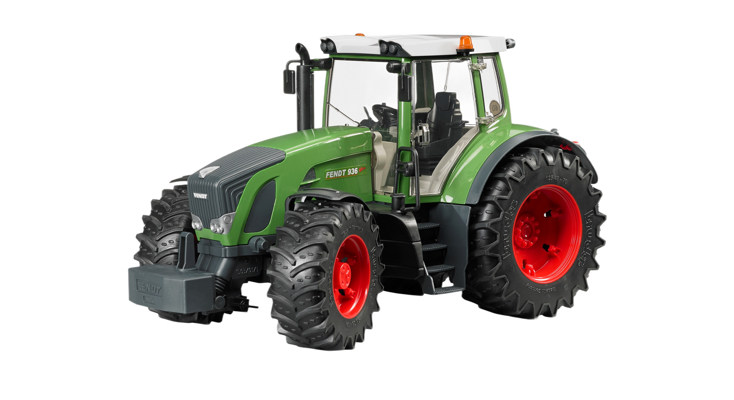Green and red toy tractor with detailed cabin, large rugged wheels, and realistic agricultural design features