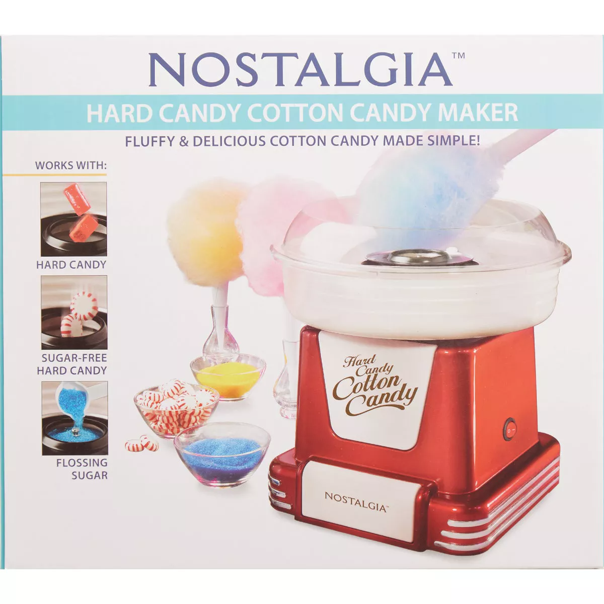 Red retro-style cotton candy maker with pastel-colored cotton candy cones and bowls of hard and sugar-free candy sugar nearby