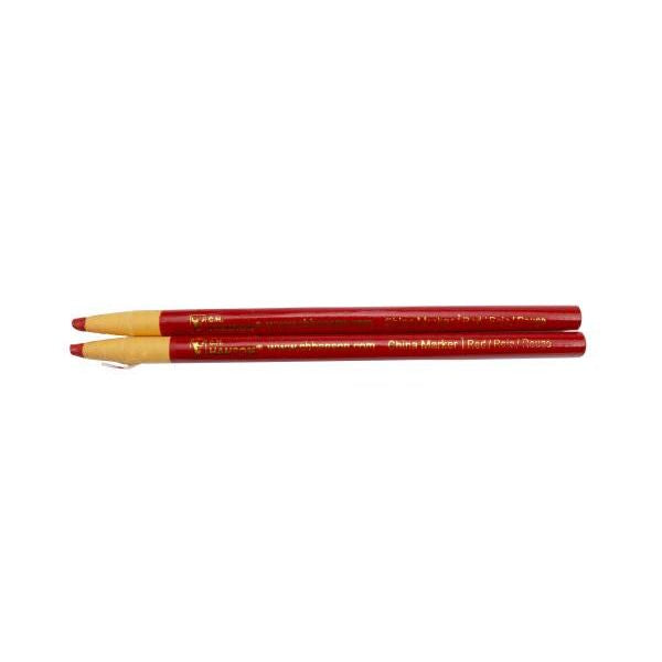 Two red-colored wood-cased china marker pencils for marking surfaces in tools and home improvement tasks