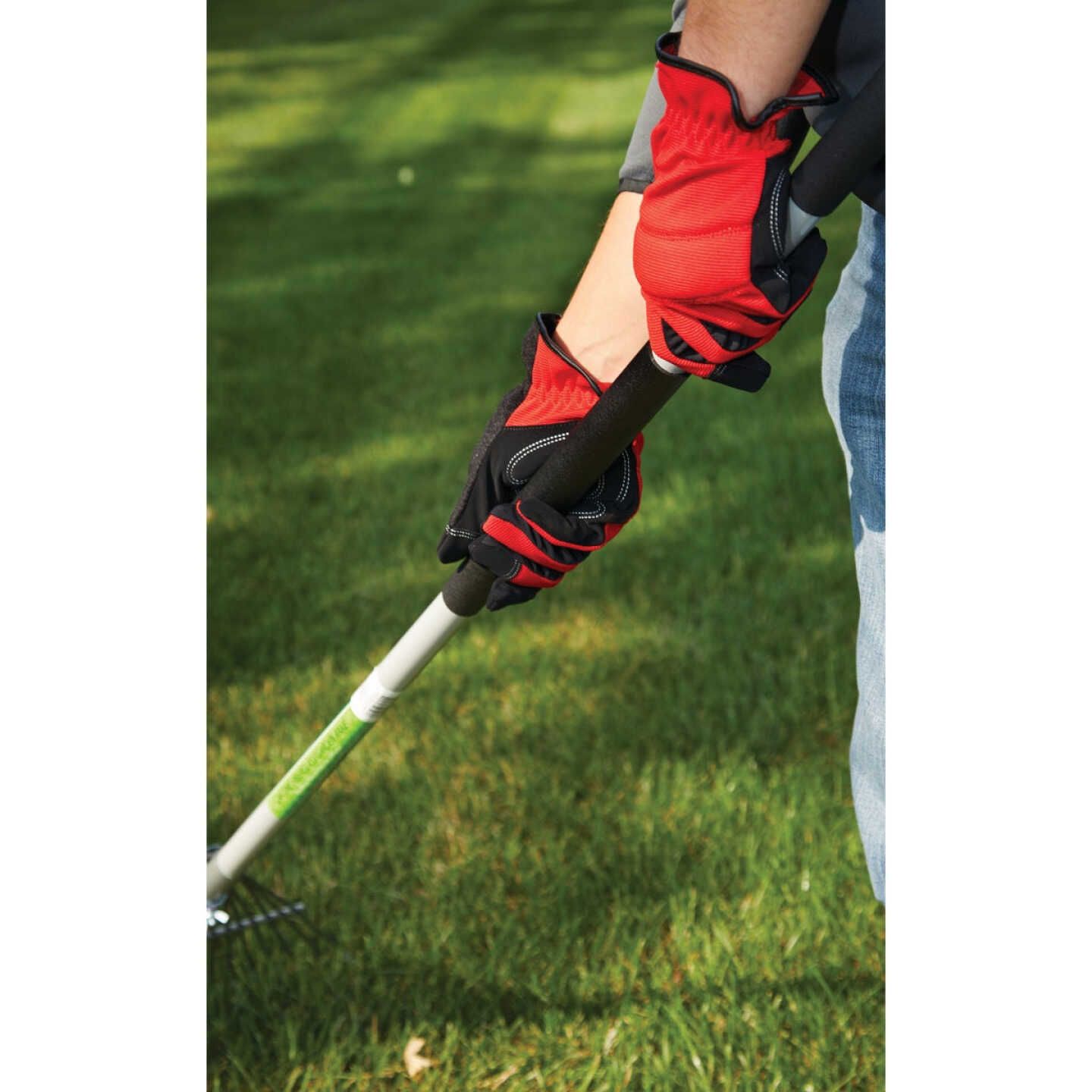 Men's XL red and black polyester spandex gloves gripping garden rake handle for outdoor work and safety equipment collections