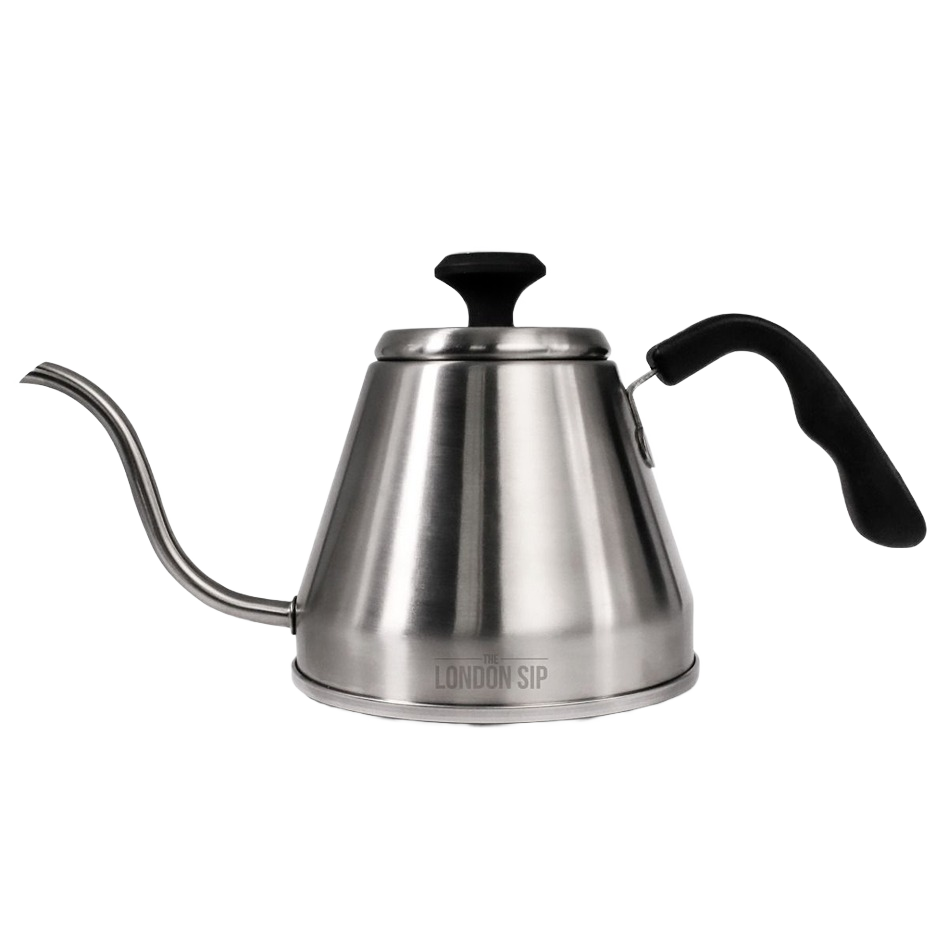 Brushed stainless steel kettle with ergonomic black handle and curved gooseneck spout for precise pouring