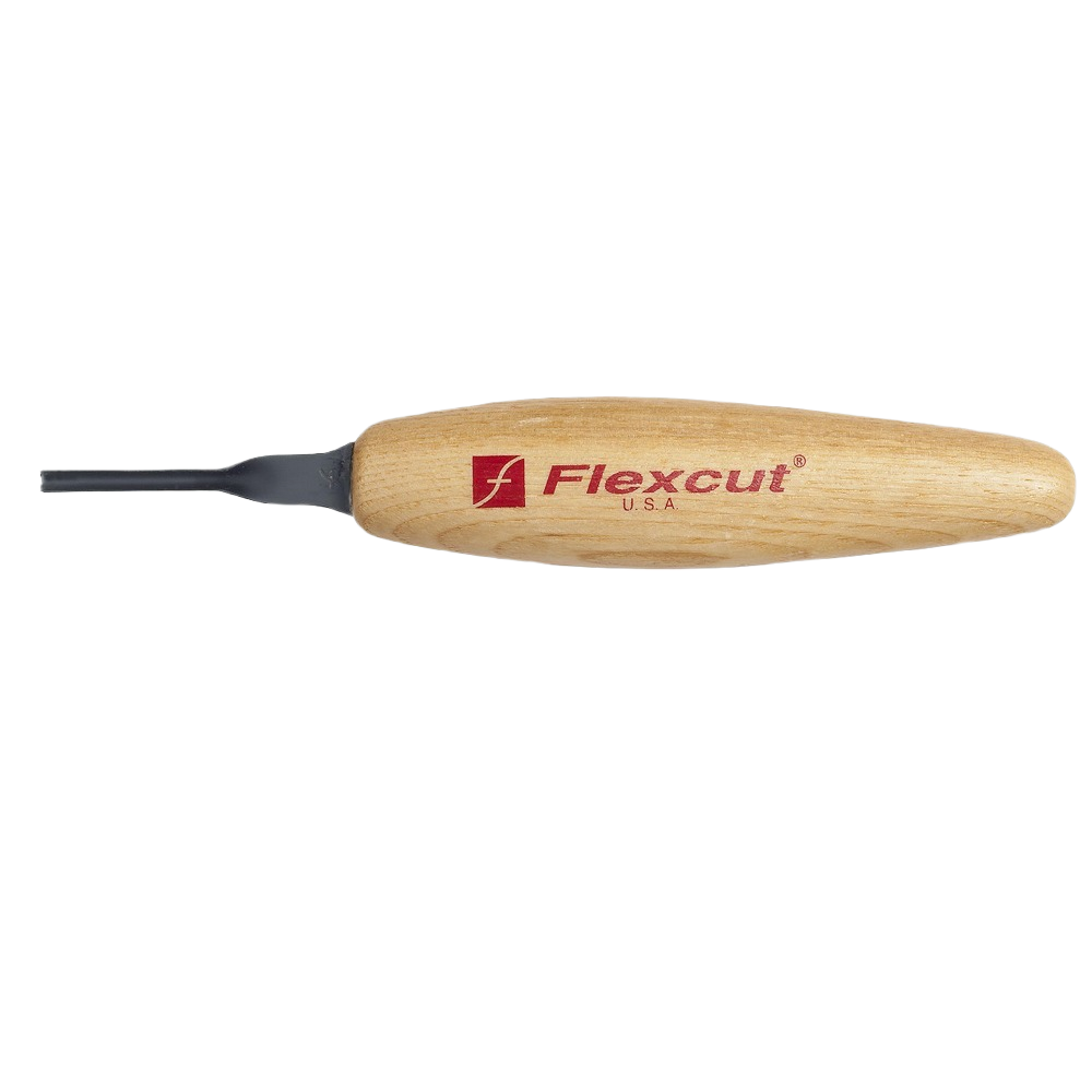 Wood carving tool with ergonomic wooden handle and small U-shaped steel gouge for detailed woodworking tasks