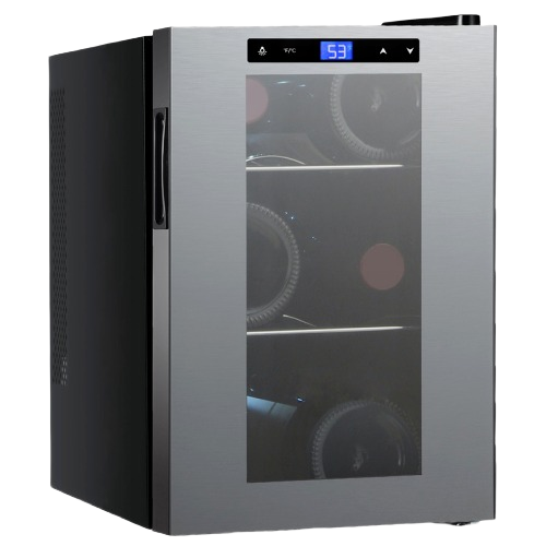 Compact stainless steel 6-bottle wine cooler with digital control for beverage storage in kitchen and appliance collections