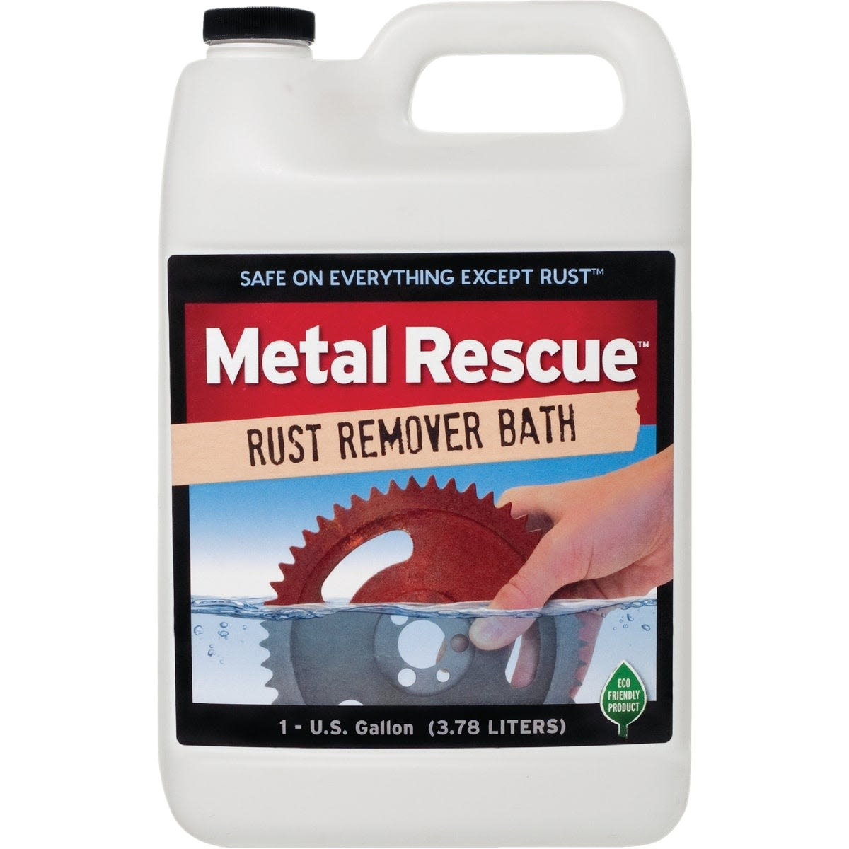 One gallon container of rust remover bath with label showing hand removing rust from metal gear in paint and supplies collection