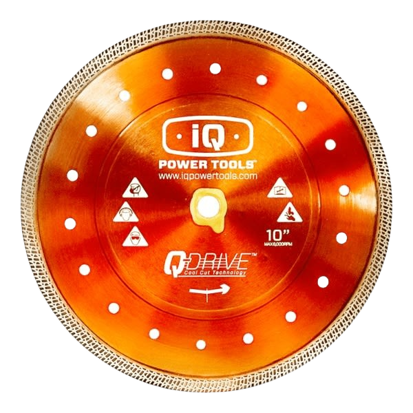 Orange 10-inch Q-Drive combo tile blade for power tools, designed for precise dry cutting in woodworking accessories