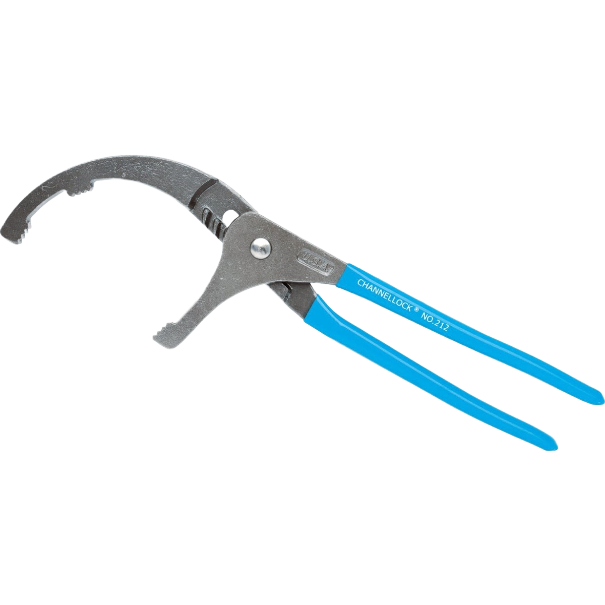 Steel oil filter pliers with blue handles, designed for automotive and woodworking hand tool applications
