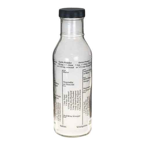 Clear glass salad dressing bottle with printed recipes and a black screw-on cap for kitchen storage and organization