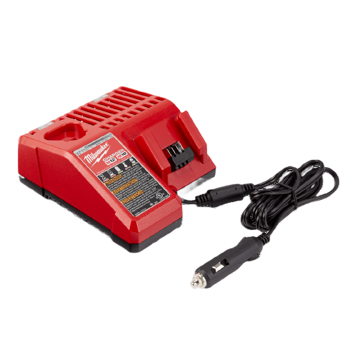 Red Milwaukee vehicle charger with power cord for portable battery charging in tool accessories and power tool collections