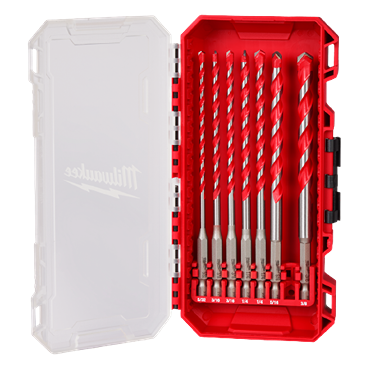 Set of seven red and silver carbide hammer drill bits in a plastic case for power tool and home improvement use