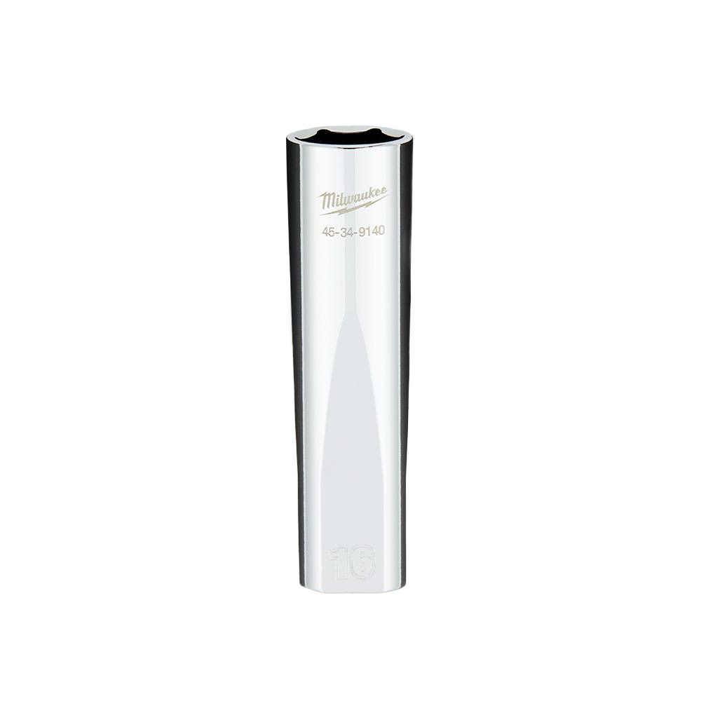 Chrome-finished deep socket with 16mm size and four flat sides for improved grip in tools and home improvement tasks