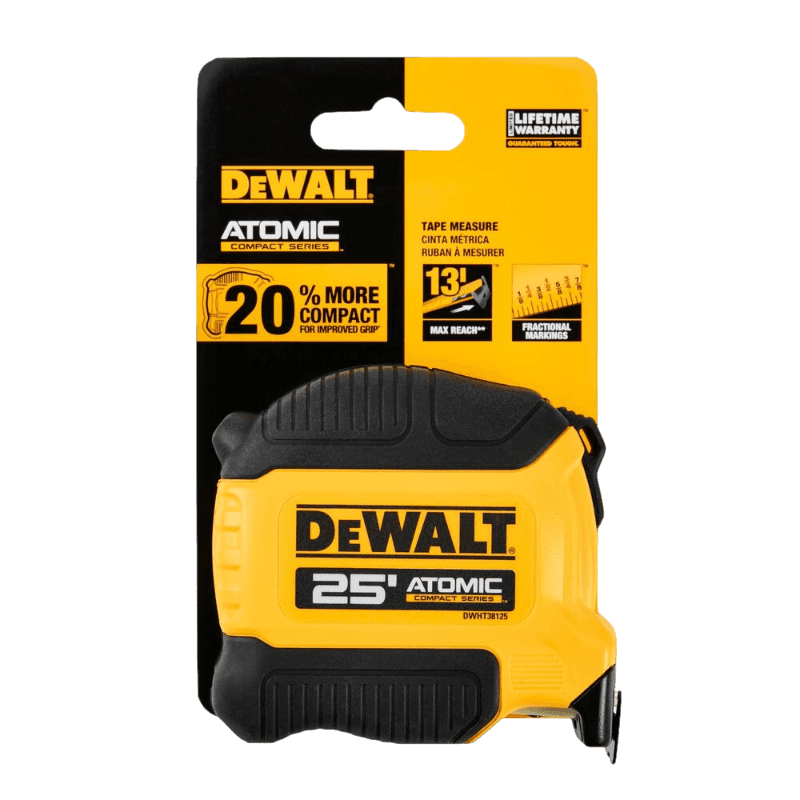 Yellow and black compact DEWALT tape measure with 13-foot max reach for precise measurements in woodworking and home improvement tools