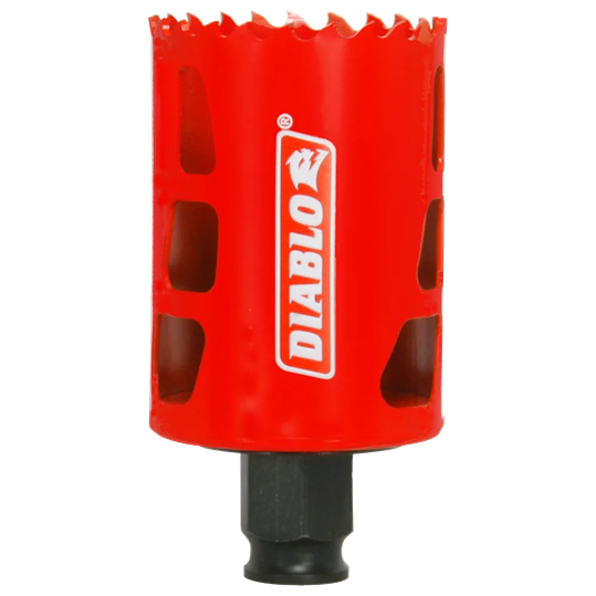 Red metal hole saw with sharp teeth and Diablo logo for woodworking and home improvement tools under $50 collections