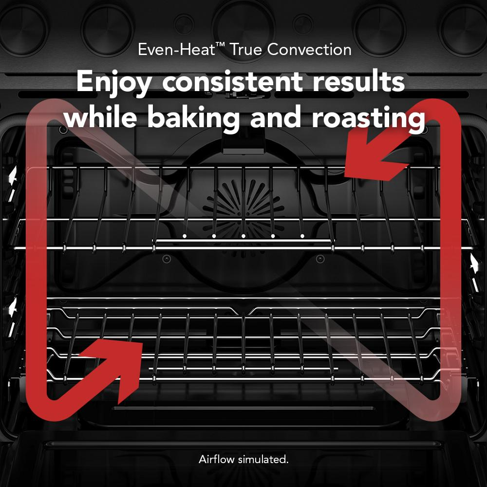 Interior view of black oven showing racks and highlighting even-heat true convection airflow for baking and roasting