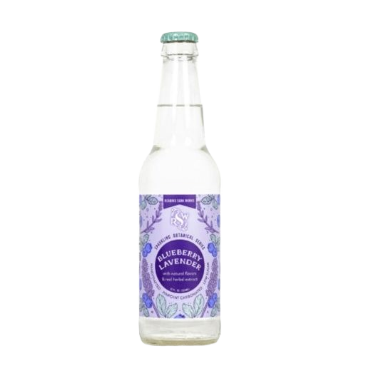Glass bottle of blueberry lavender sparkling botanical water with purple floral label from Drinks collection under $25