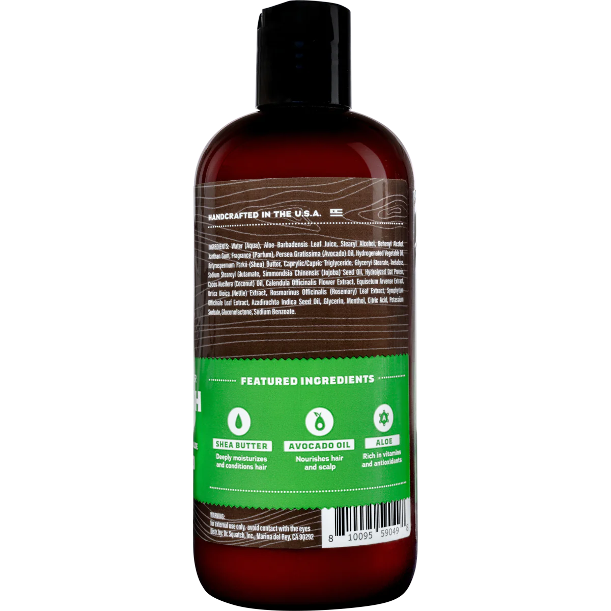 Dark brown bottle of conditioner highlighting featured ingredients shea butter, avocado oil, and aloe on a green label panel