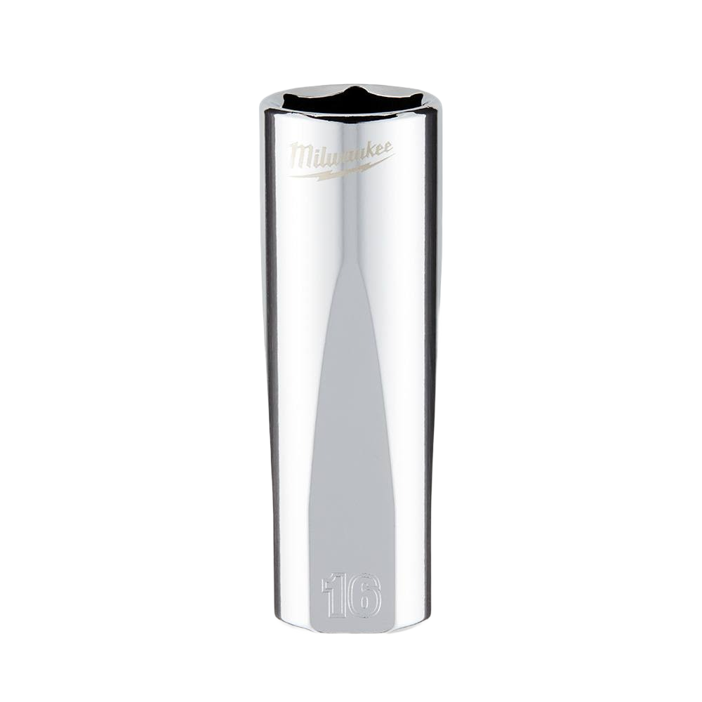 Chrome-finished deep socket with 16-mm size and FOUR FLAT™ sides for versatile use with hand tools and sockets collections