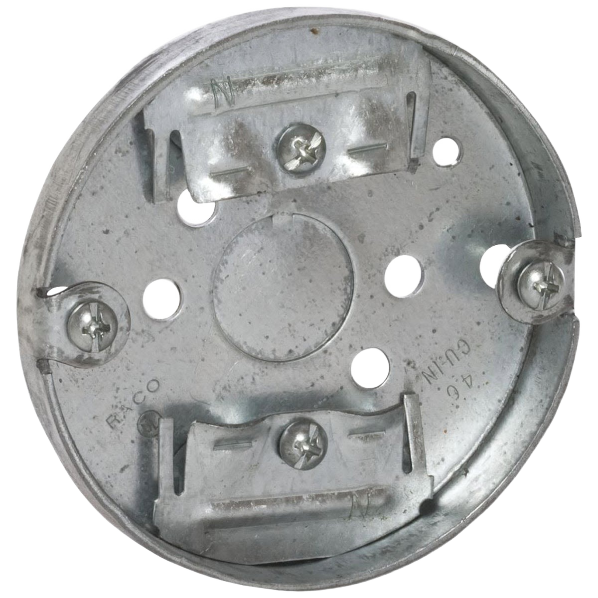 Round steel ceiling box with multiple mounting holes for electrical fixtures in boxes and brackets collections